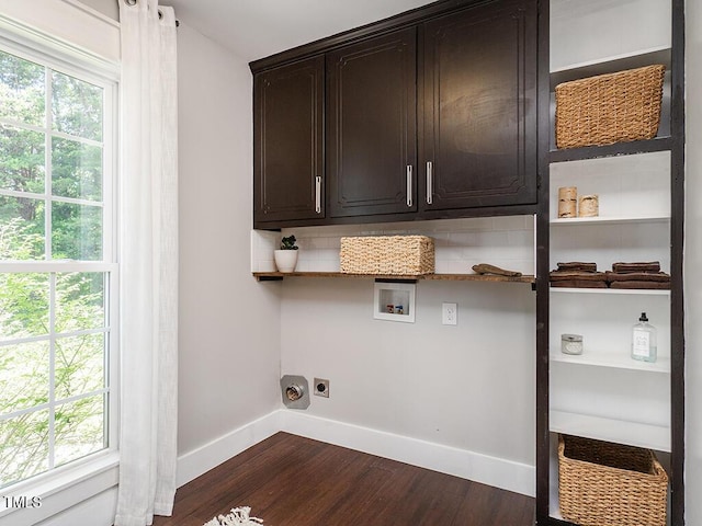 1625 Haystack Ln, Burlington, NC 27217 - washroom with washer hookup, cabinet space, baseboards, electric dryer hookup, and dark wood-type flooring