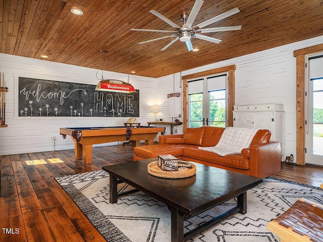 1625 Haystack Ln, Burlington, NC 27217 - living room featuring hardwood / wood-style floors, wooden ceiling, plenty of natural light, ceiling fan, and wood walls