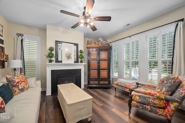 4409 All Points View Way, Raleigh, NC 27614 - living room with ceiling fan, dark wood-type flooring, and a glass covered fireplace