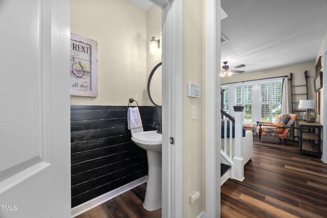4409 All Points View Way, Raleigh, NC 27614 - bathroom featuring wood finished floors, ceiling fan, and a sink