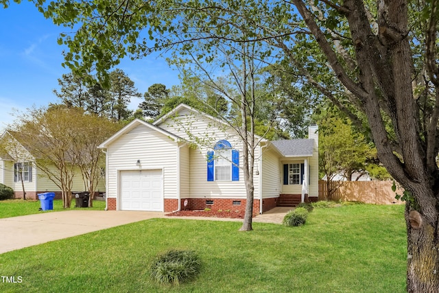 96 Landmark Dr, Angier, NC 27501 - view of front of property featuring crawl space, a chimney, an attached garage, and concrete driveway