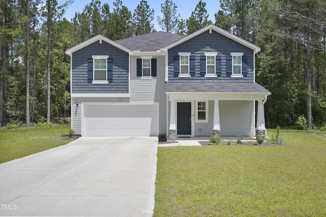 124 Teagarden Ct, Sanford, NC 27332 - view of front facade featuring driveway, a garage, a porch, a front yard, and roof with shingles