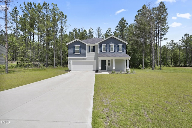 124 Teagarden Ct, Sanford, NC 27332 - view of front of house featuring driveway, a garage, a porch, and a front yard