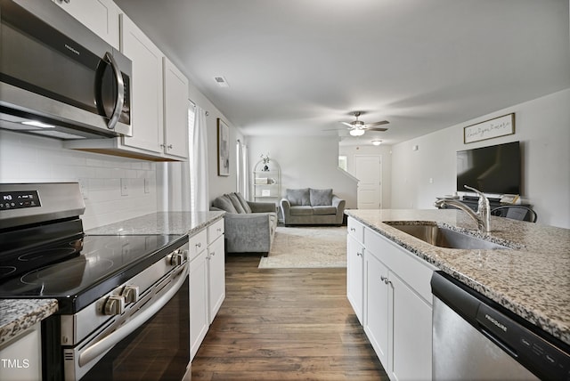 124 Teagarden Ct, Sanford, NC 27332 - kitchen with appliances with stainless steel finishes, a sink, a ceiling fan, dark wood-type flooring, and white cabinetry