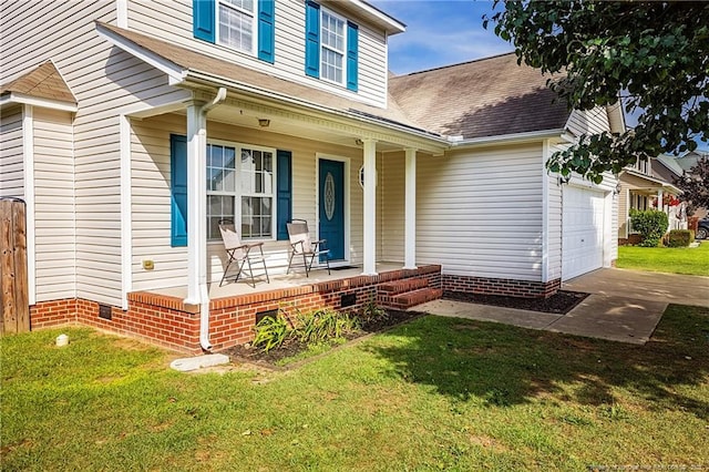 1414 Seabiscuit Dr, Parkton, NC 28371 - entrance to property with a porch, a garage, driveway, roof with shingles, and crawl space