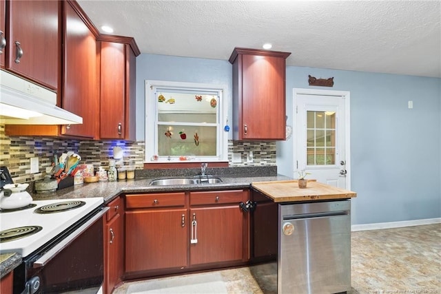 830 Edenwood Dr, Fayetteville, NC 28303 - kitchen featuring electric range, a sink, backsplash, dishwasher, and under cabinet range hood