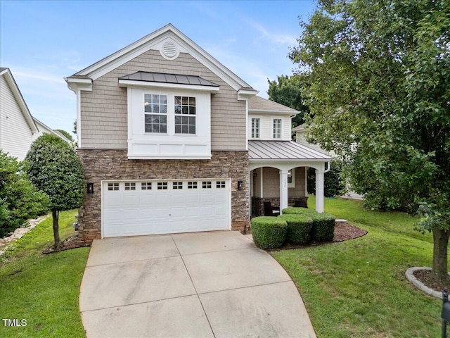 132 Ryder Cup Cir, Raleigh, NC 27603 - view of front of property with a standing seam roof, stone siding, a front lawn, covered porch, and driveway