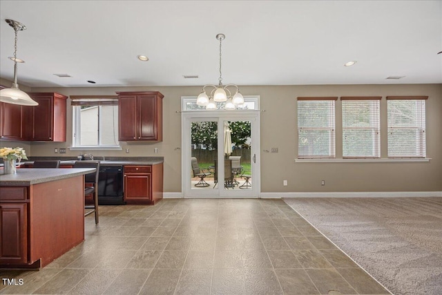 132 Ryder Cup Cir, Raleigh, NC 27603 - kitchen featuring dishwasher, a chandelier, pendant lighting, recessed lighting, and dark brown cabinets