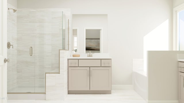 945 Cassa Clubhouse Way, Knightdale, NC 27545 - full bathroom with vanity, a stall shower, a garden tub, and baseboards
