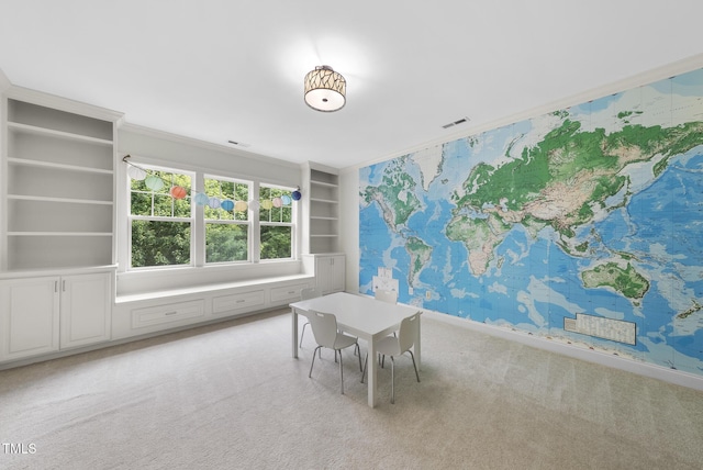 106 Painted Turtle Ln, Cary, NC 27519 - unfurnished dining area with light carpet, wallpapered walls, baseboards, and crown molding