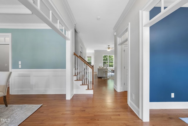 106 Painted Turtle Ln, Cary, NC 27519 - entrance foyer with ornamental molding, stairs, wood finished floors, wainscoting, and a ceiling fan