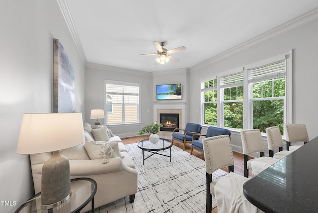 106 Painted Turtle Ln, Cary, NC 27519 - living room with ceiling fan, ornamental molding, a glass covered fireplace, wood finished floors, and baseboards