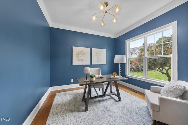 106 Painted Turtle Ln, Cary, NC 27519 - office space featuring baseboards, ornamental molding, wood finished floors, and a chandelier