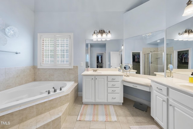 106 Painted Turtle Ln, Cary, NC 27519 - full bathroom with tile patterned flooring, a stall shower, two vanities, and a bath