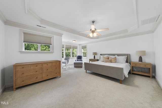 106 Painted Turtle Ln, Cary, NC 27519 - bedroom featuring a tray ceiling, ornamental molding, carpet flooring, a ceiling fan, and baseboards