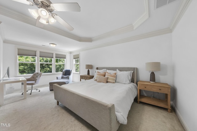106 Painted Turtle Ln, Cary, NC 27519 - bedroom with light carpet, crown molding, multiple windows, a raised ceiling, and ceiling fan