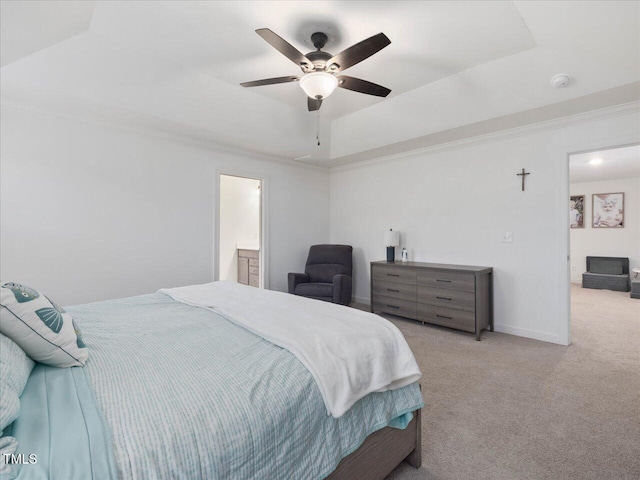 146 Bent Willow Dr, Clayton, NC 27527 - bedroom featuring carpet flooring, a raised ceiling, ornamental molding, a ceiling fan, and baseboards