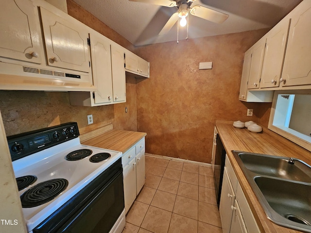 3559 Mill Run, Raleigh, NC 27612 - kitchen with white range with electric cooktop, under cabinet range hood, a sink, baseboards, and light countertops