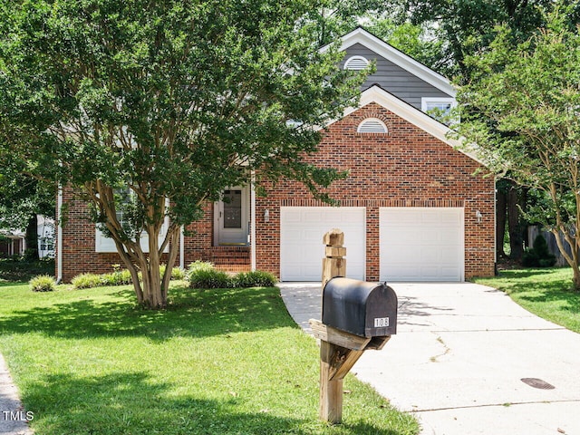 108 S Drawbridge Ln, Cary, NC 27513 - view of front of property featuring driveway, an attached garage, a front lawn, and brick siding