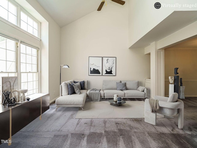 108 S Drawbridge Ln, Cary, NC 27513 - carpeted living room featuring high vaulted ceiling and ceiling fan