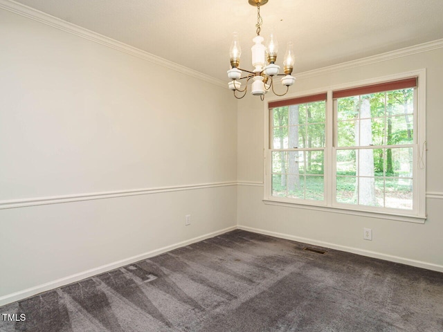 108 S Drawbridge Ln, Cary, NC 27513 - spare room featuring a chandelier, crown molding, dark carpet, and healthy amount of natural light