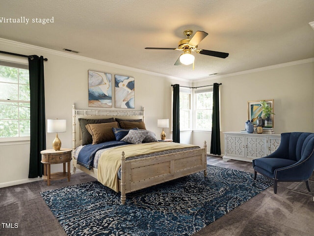 108 S Drawbridge Ln, Cary, NC 27513 - bedroom with multiple windows, ornamental molding, and a ceiling fan