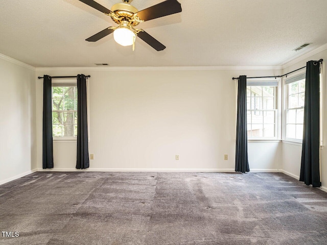 108 S Drawbridge Ln, Cary, NC 27513 - carpeted spare room featuring crown molding, ceiling fan, and a textured ceiling