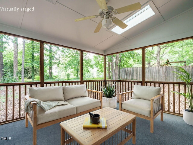 108 S Drawbridge Ln, Cary, NC 27513 - sunroom / solarium with a ceiling fan, lofted ceiling, an outdoor hangout area, and a skylight