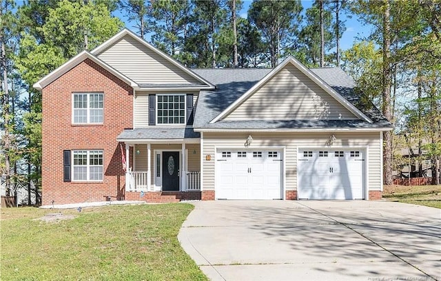 46 Wateredge Ln, Sanford, NC 27332 - traditional-style house featuring concrete driveway, a garage, a front lawn, brick siding, and covered porch