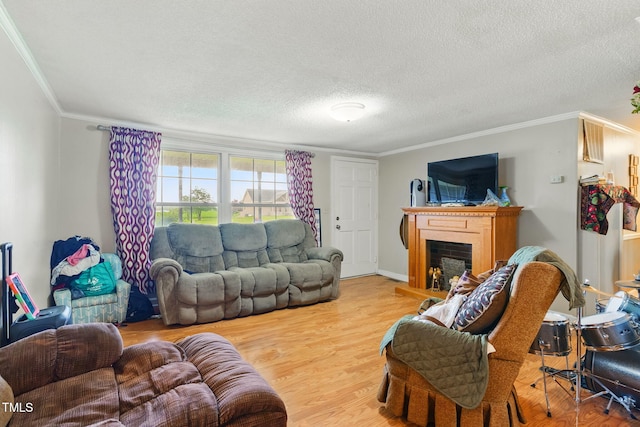 480 Five Bridge Rd, Clinton, NC 28328 - living room featuring crown molding, wood finished floors, a textured ceiling, and a fireplace with raised hearth