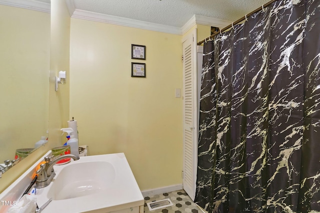 480 Five Bridge Rd, Clinton, NC 28328 - full bathroom with vanity, a textured ceiling, crown molding, baseboards, and a shower with curtain