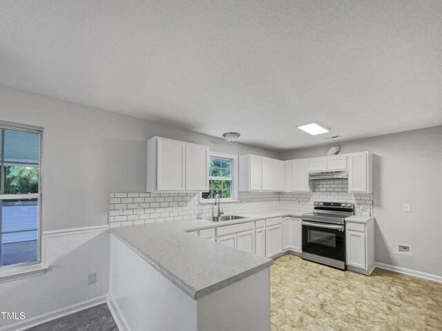1216 Briarwood Dr, Mebane, NC 27302 - kitchen featuring stainless steel electric range oven, a sink, tasteful backsplash, white cabinets, and light countertops