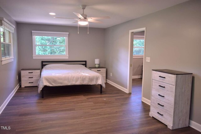515 Wildwood Dr, Durham, NC 27712 - bedroom with baseboards, dark wood-style floors, a ceiling fan, and recessed lighting