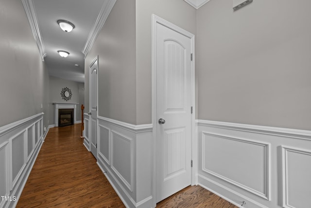 238 Langford Valley Way, Cary, NC 27513 - corridor featuring ornamental molding, a decorative wall, a wainscoted wall, and wood finished floors