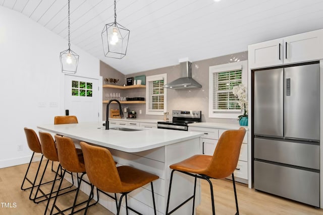 117 Bertie Dr, Raleigh, NC 27610 - kitchen featuring appliances with stainless steel finishes, wall chimney exhaust hood, a sink, vaulted ceiling, and white cabinets