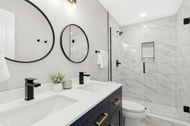 117 Bertie Dr, Raleigh, NC 27610 - bathroom with marble look tiles, toilet, double vanity, a shower stall, and recessed lighting