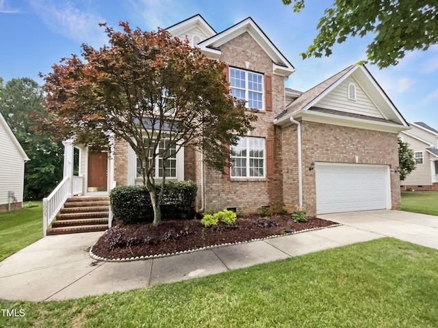 1005 Augustine Trl, Cary, NC 27518 - view of front facade with brick siding, concrete driveway, crawl space, and a front yard