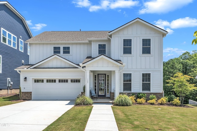 109 Crested Coral Dr, Holly Springs, NC 27540 - modern farmhouse style home featuring a front yard, concrete driveway, board and batten siding, and roof with shingles