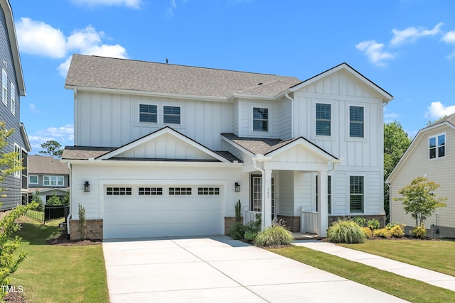 109 Crested Coral Dr, Holly Springs, NC 27540 - modern inspired farmhouse with an attached garage, covered porch, board and batten siding, concrete driveway, and a shingled roof