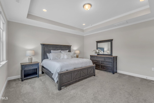109 Crested Coral Dr, Holly Springs, NC 27540 - bedroom featuring a tray ceiling, light carpet, baseboards, crown molding, and recessed lighting