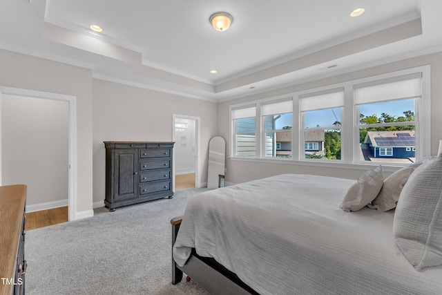 109 Crested Coral Dr, Holly Springs, NC 27540 - bedroom with a raised ceiling, recessed lighting, crown molding, light colored carpet, and baseboards