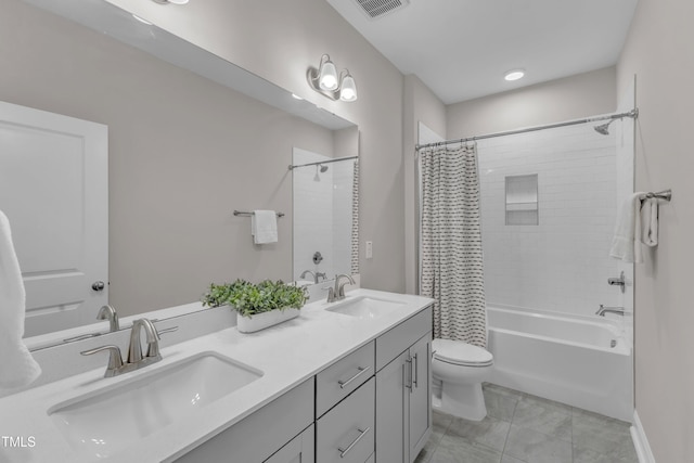 109 Crested Coral Dr, Holly Springs, NC 27540 - bathroom featuring toilet, shower / bathtub combination with curtain, and double vanity