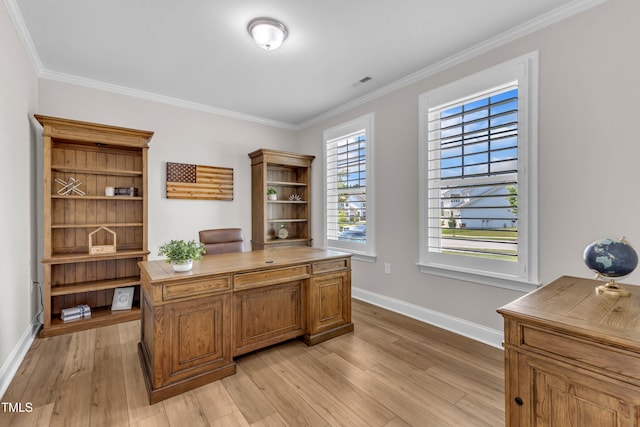 109 Crested Coral Dr, Holly Springs, NC 27540 - office area featuring crown molding, light wood-type flooring, baseboards, and healthy amount of natural light