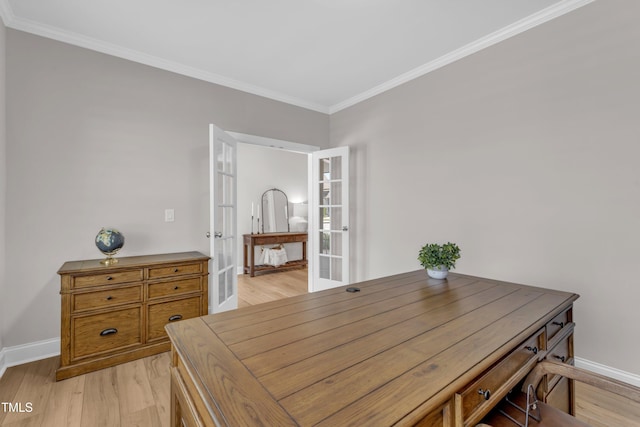 109 Crested Coral Dr, Holly Springs, NC 27540 - office space with french doors, light wood finished floors, crown molding, and baseboards