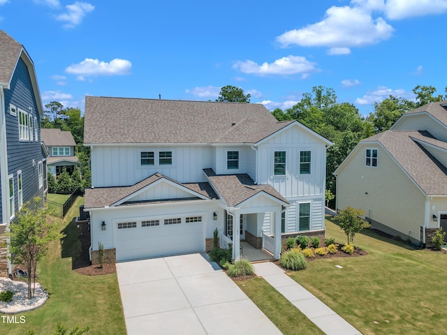109 Crested Coral Dr, Holly Springs, NC 27540 - view of front of home with board and batten siding, driveway, a shingled roof, and a front yard