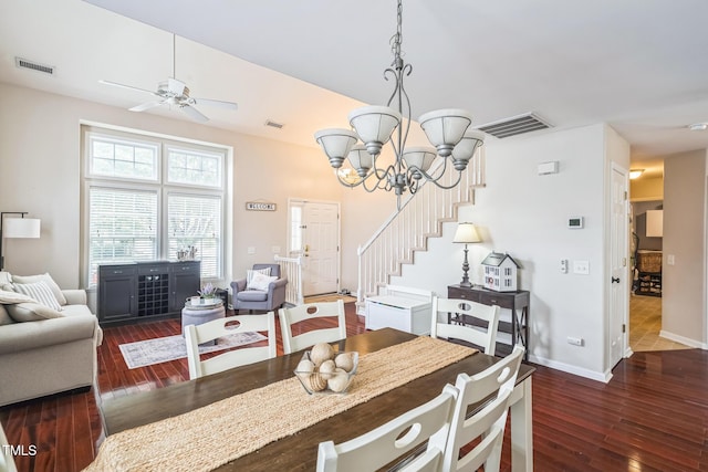 6 Newgate Ct, Durham, NC 27713 - dining area with hardwood / wood-style floors, stairway, a chandelier, baseboards, and ceiling fan
