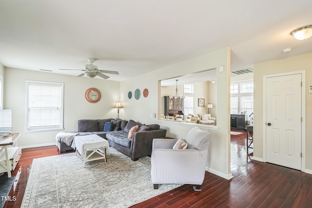 6 Newgate Ct, Durham, NC 27713 - living area featuring plenty of natural light, dark wood-style floors, baseboards, and ceiling fan