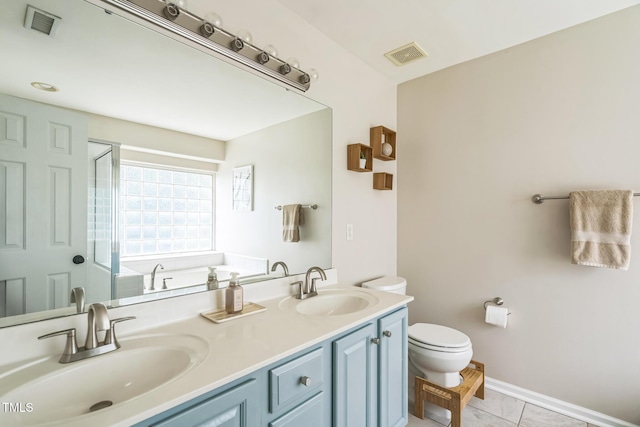 6 Newgate Ct, Durham, NC 27713 - full bathroom featuring toilet, double vanity, a bath, a shower with door, and baseboards