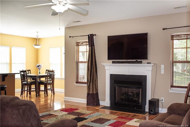 101 Birdsong Ct, Aberdeen, NC 28315 - living room featuring wood finished floors, ceiling fan, baseboards, and a glass covered fireplace