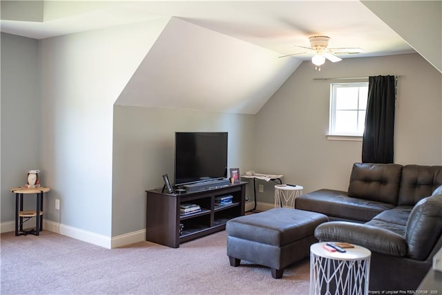 101 Birdsong Ct, Aberdeen, NC 28315 - living room featuring a ceiling fan, carpet flooring, baseboards, and vaulted ceiling